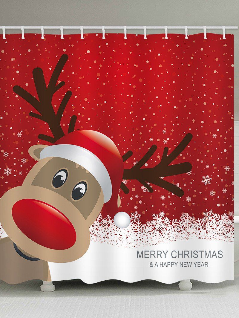 

Christmas Deer Greeting Print Waterproof Bathroom Shower Curtain, Multi