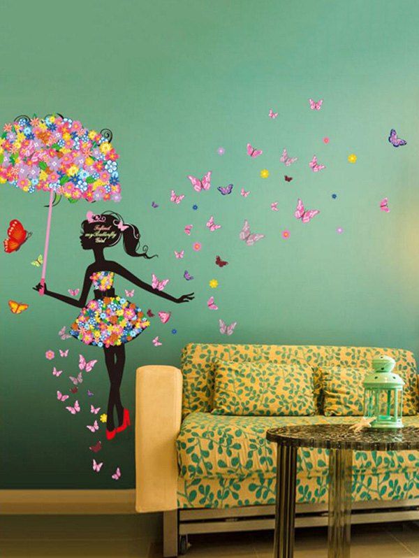 

Flower Elf Girl and Butterflies Print Decorative Wall Art Stickers, Multi-a