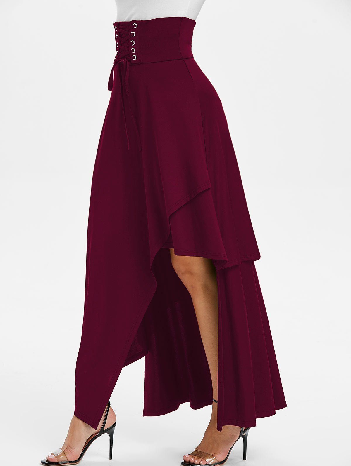 

High Waisted Asymmetric Lace-up Layered Maxi Skirt, Red wine