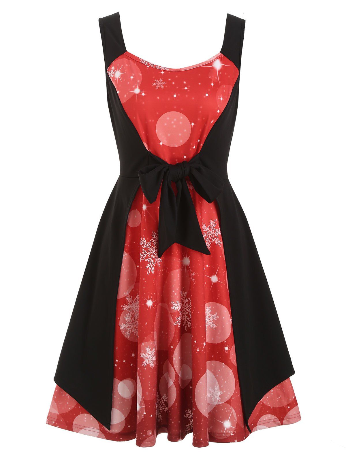 

Snowflake Print Knotted Christmas Flare Dress, Red wine