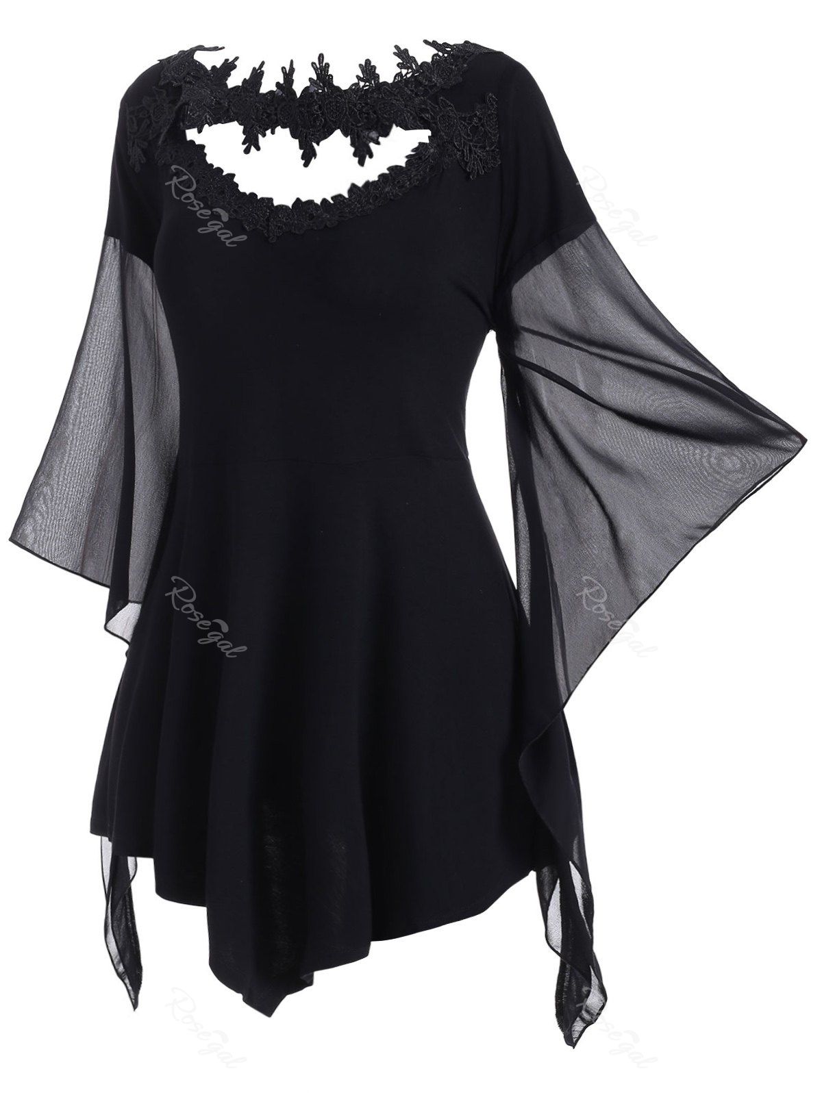 

Asymmetrical Sleeve Lace Panel Cut Out Plus Size Top, Black