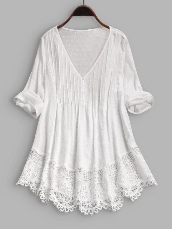 

V Neck Swiss Dot Lace Hem Blouse, White