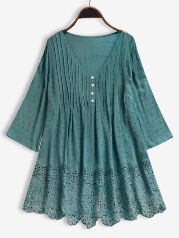 

V Neck Swiss Dot Lace Hem Blouse, Light green