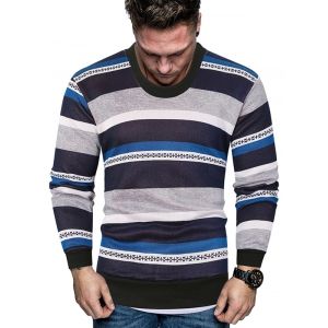 

Color-blocking Striped Crew Neck Fleece Sweater, Blue