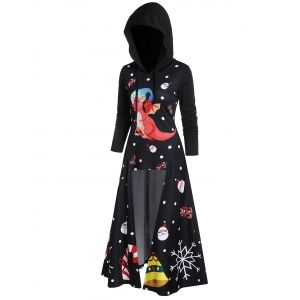 

Christmas Dinosaur Santa Claus Print Hooded High Low Skirted T-shirt, Black