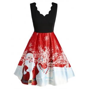 

Plus Size Christmas Printed Scalloped Vintage Party Dress, Red