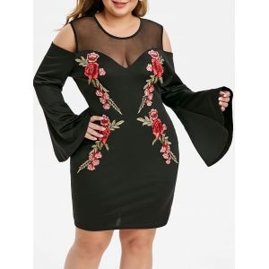 

Plus Size Mesh See Thru Applique Flare Sleeve Bodycon Dress, Black