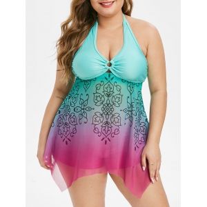 

Plus Size Ombre Flower Halter Handkerchief Tankini Swimsuit, Multi