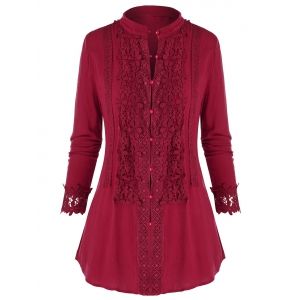 

Plus Size Buttons Lace Panel Blouse, Cherry red