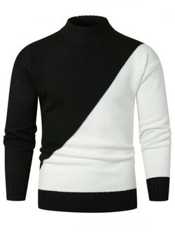 Contrast Color Mock Neck Drop Shoulder Sweater - BLACK - 2XL