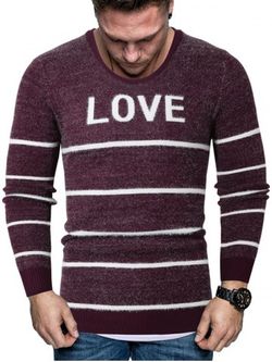 Letter Striped Crew Neck Fuzzy Sweater - RED - XL