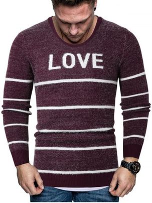 Letter Striped Crew Neck Fuzzy Sweater