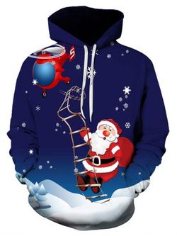 Santa Claus Snowflake Printed Hoodie - BLUE - S