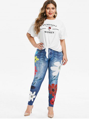 

Plus Size High Rise Floral Skinny Jeggings, Denim dark blue