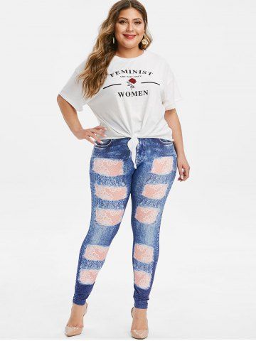 

Plus Size High Rise Destroyed 3D Print Jeggings, Denim dark blue