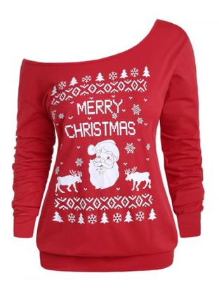 Plus Size  Christmas Printed Skew Neck Graphic Sweatshirt