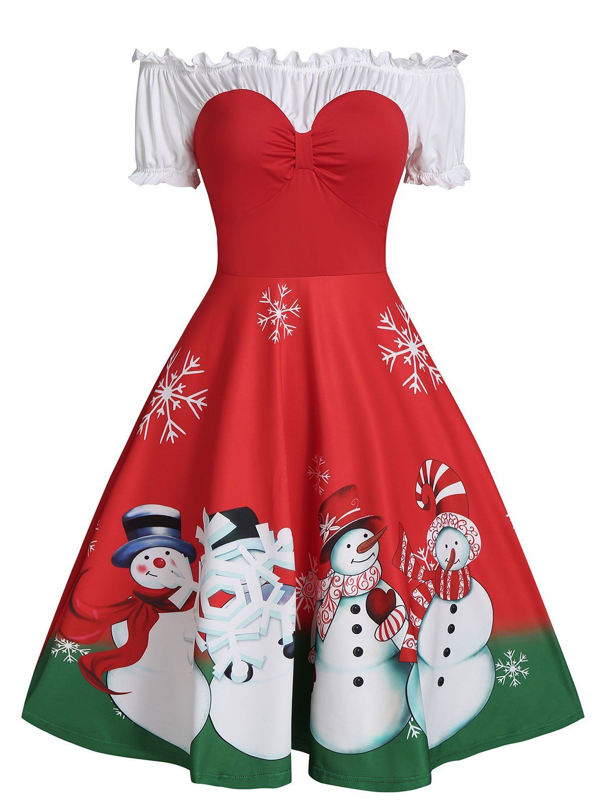 

Christmas Snowman Print Off The Shoulder Ruffle Skater Dress, Red
