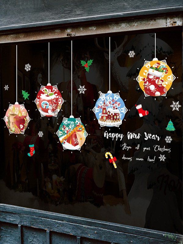 

Christmas Hanging Balls Greeting Print Removable Wall Art Stickers, Multi