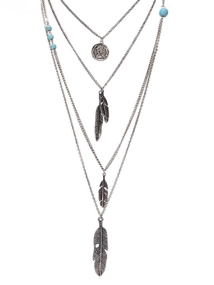 

Artificial Turquoise Feather Layered Pendant Necklace, Silver