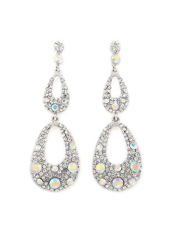 

Rhinestoned Water Drop Layered Earrings, Silver