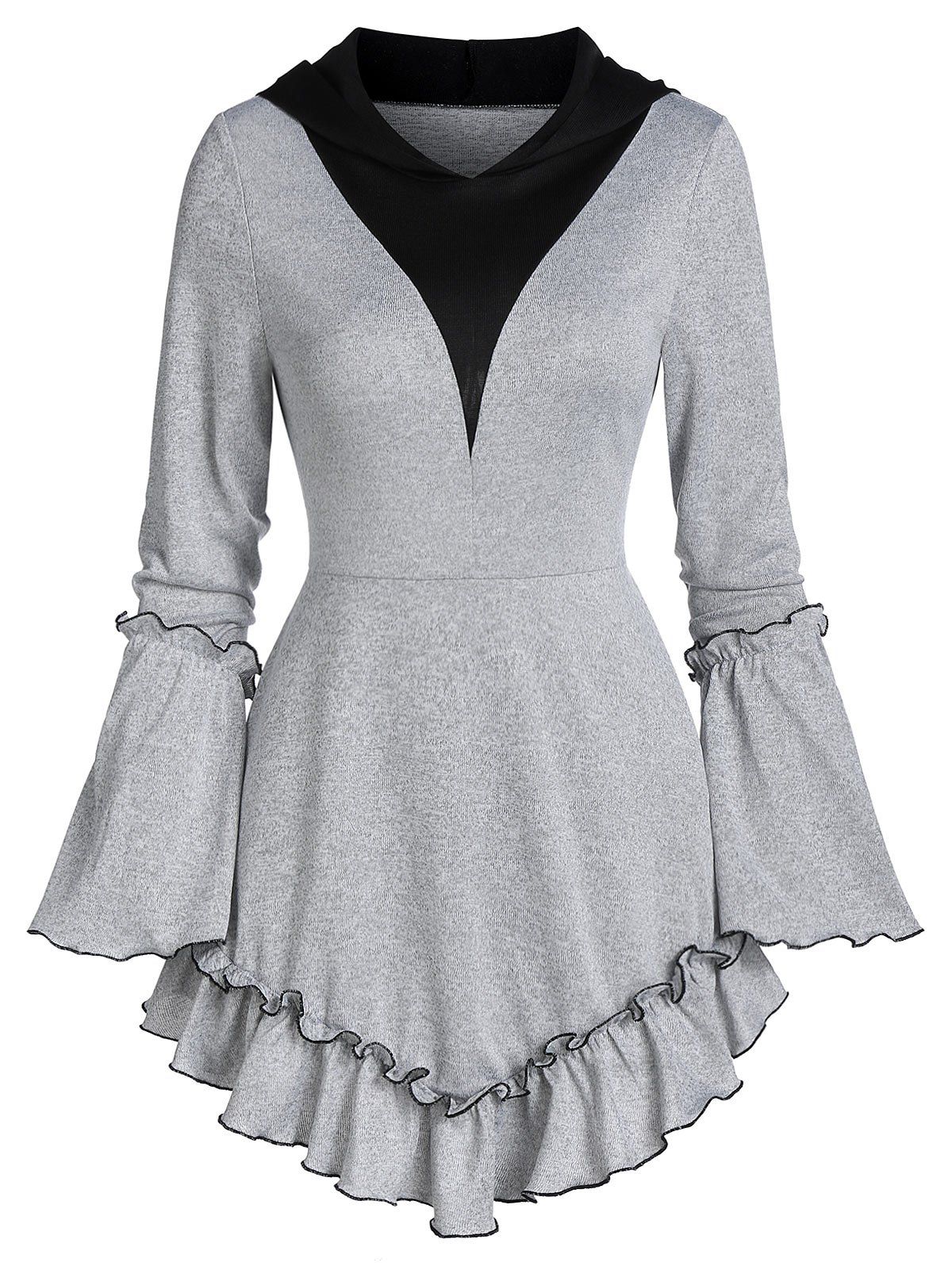 

Lettuce Trim Trumpet Sleeve Skirted Sweater, Light gray
