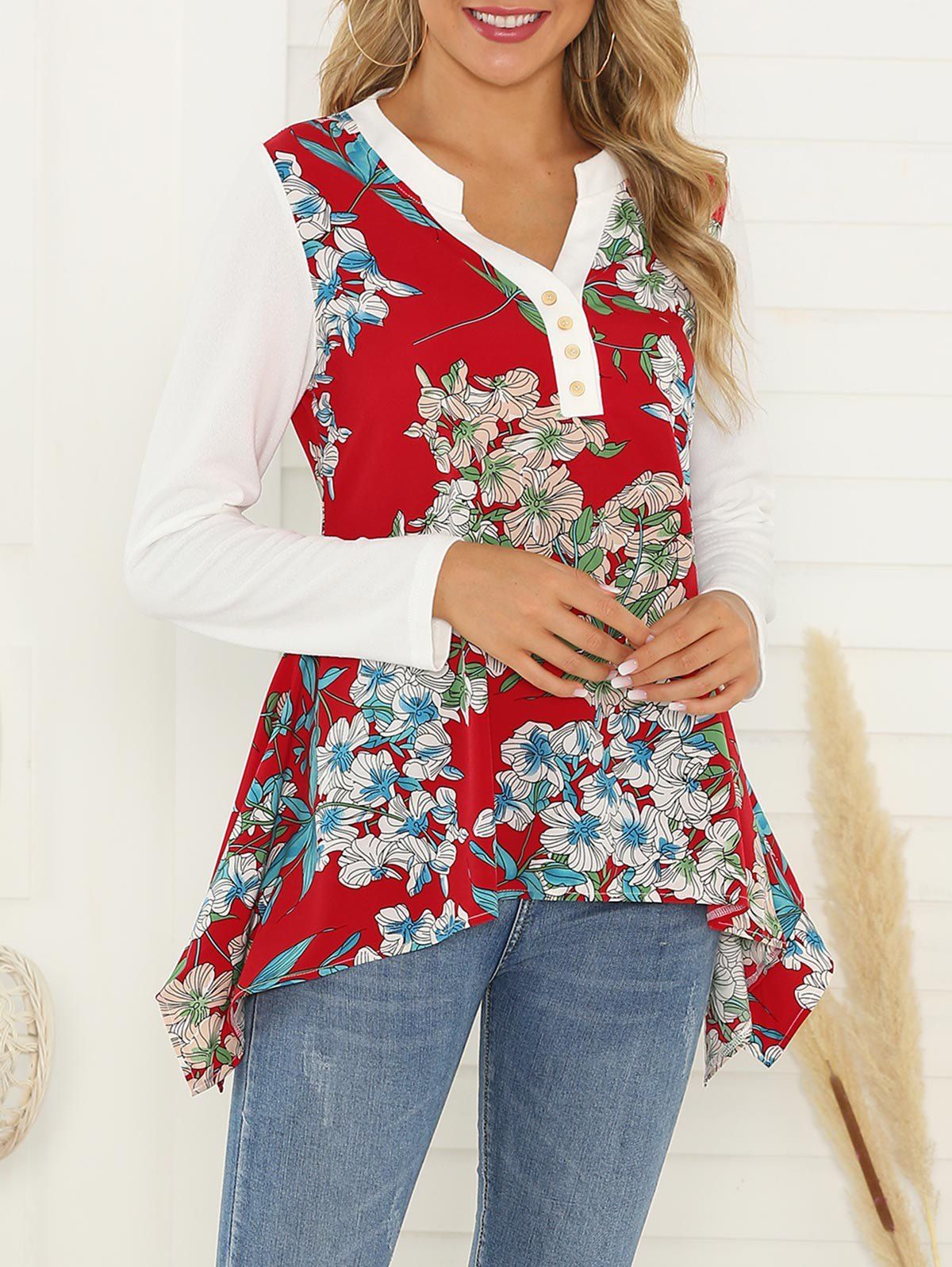 

Floral Print Button Placket Asymmetrical Blouse, Red