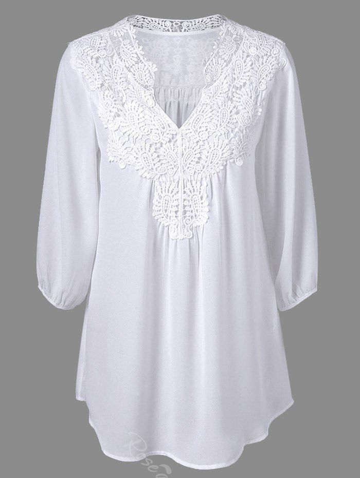 

V Neck Lace Panel Curved Hem Chiffon Plus Size Blouse, White