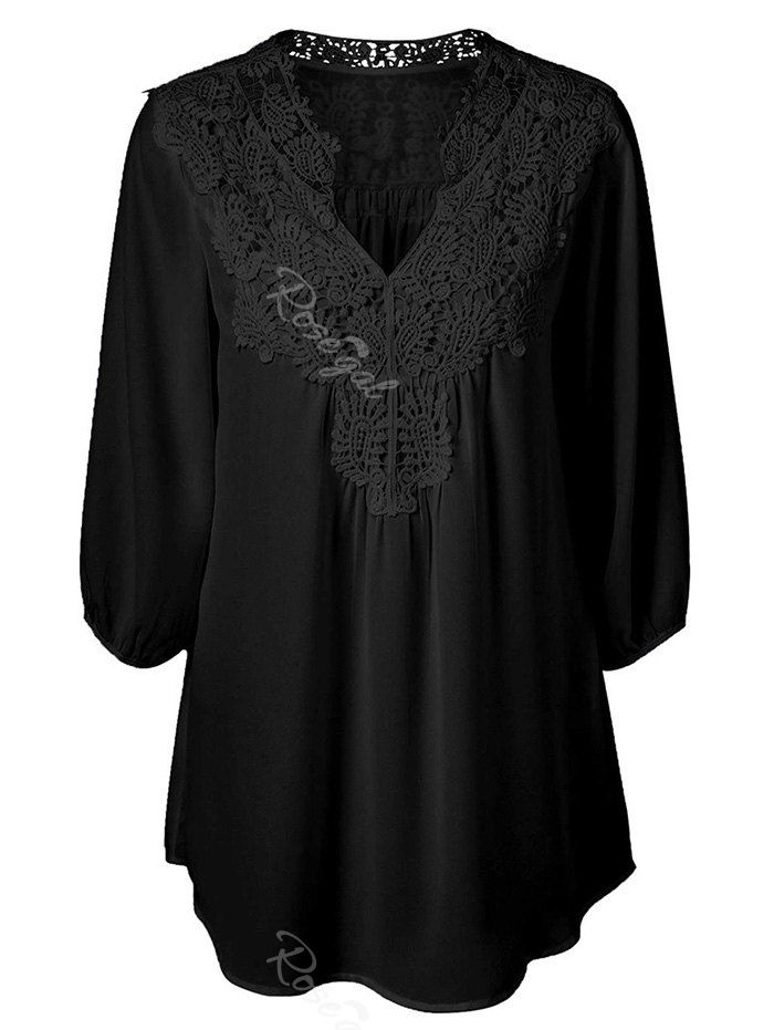 

V Neck Lace Panel Curved Hem Chiffon Plus Size Blouse, Black