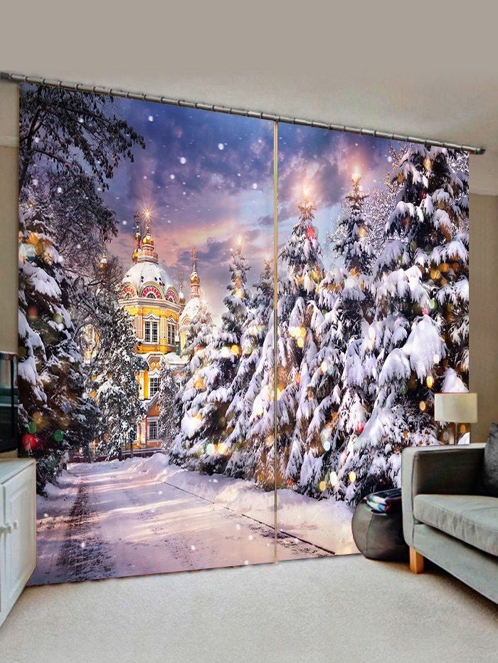 2 Panels Christmas Tree Castle Street Print Window Curtains thumbnail