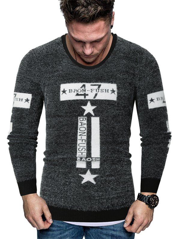 Sale Letter Star Graphic Fuzzy Crew Neck Sweater  