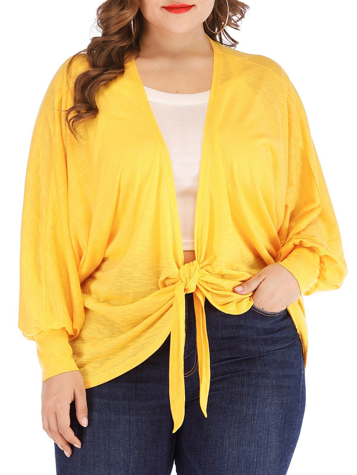 

Plus Size Front Knot Puff Sleeve Top, Yellow