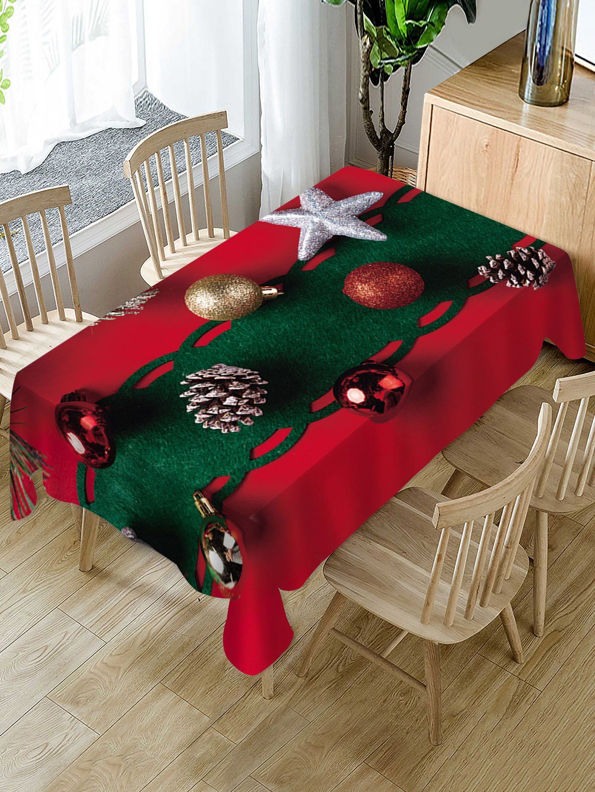 

Christmas Balls Star Print Fabric Tablecloth, Red wine