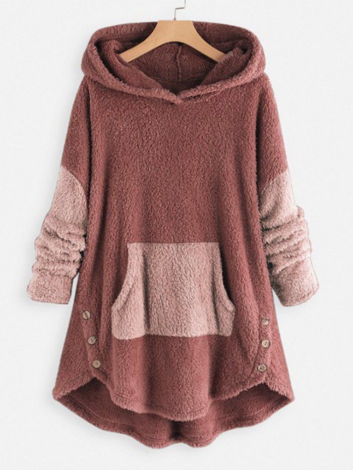 

Faux Shearling Two Tone High Low Hoodie, Rosy brown