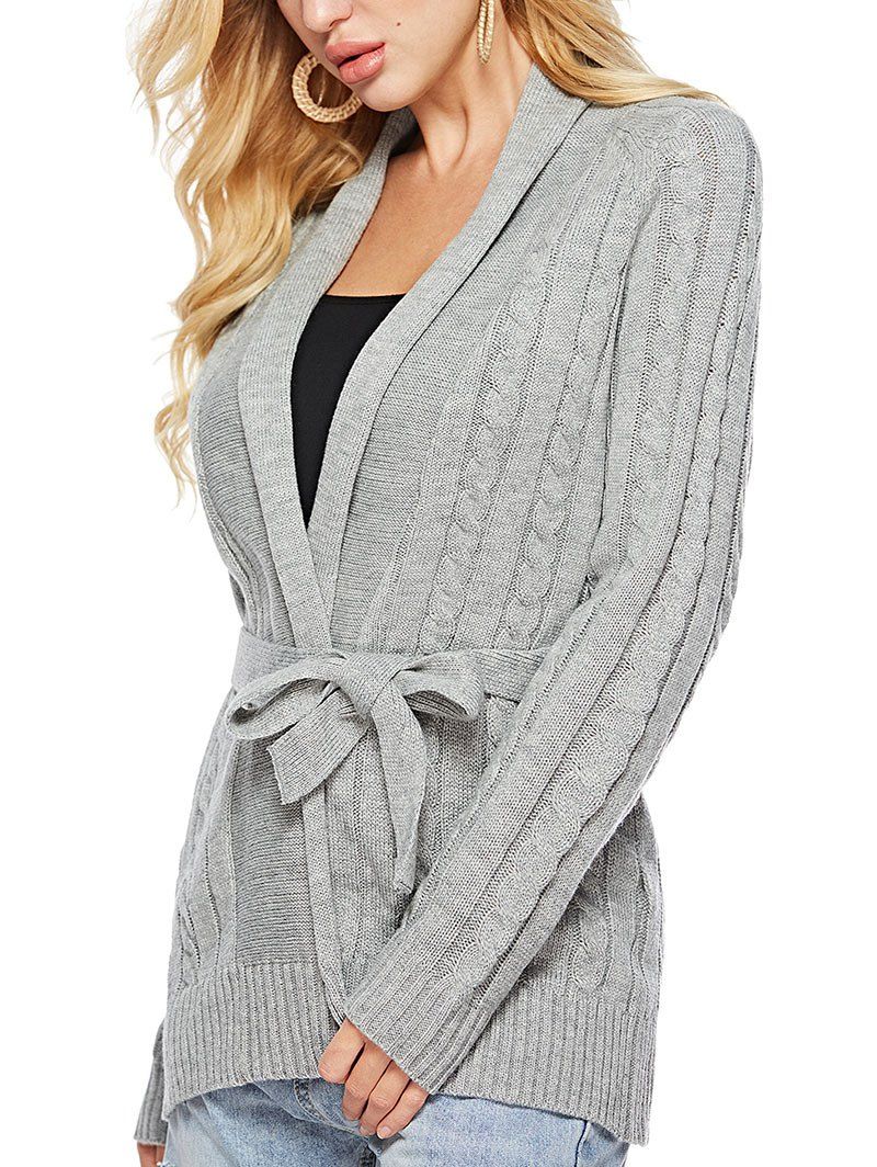 

Cable Knit Solid Color Belted Cardigan, Gray