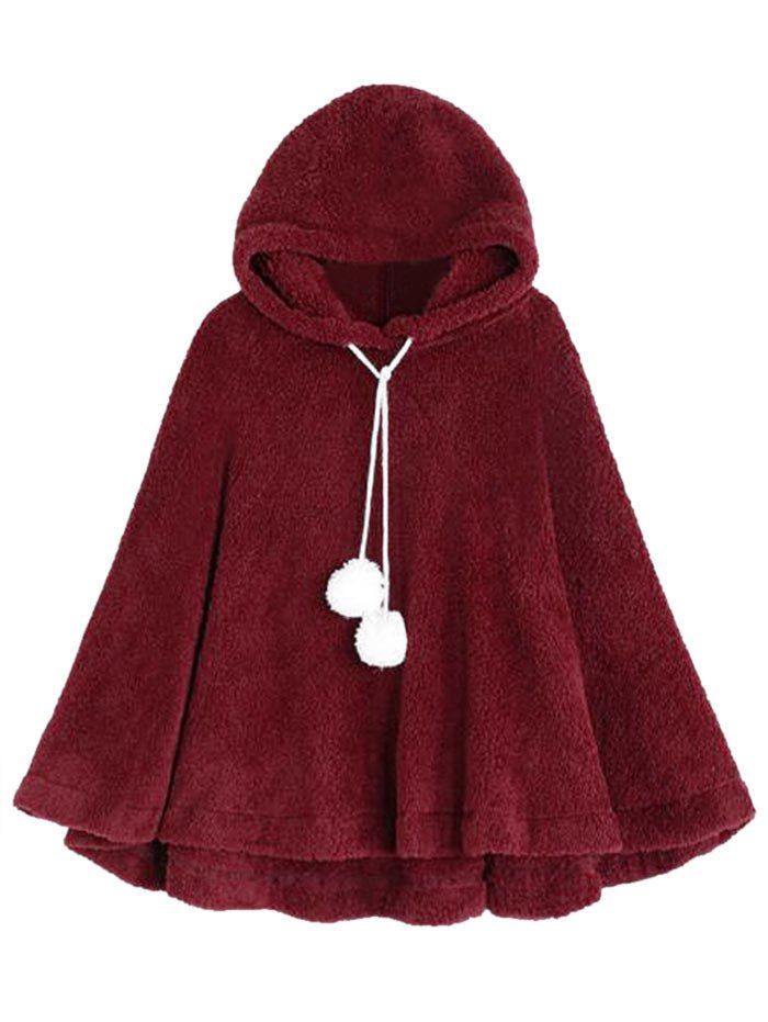 

Hooded Plush Fuzzy Ball Poncho, Red