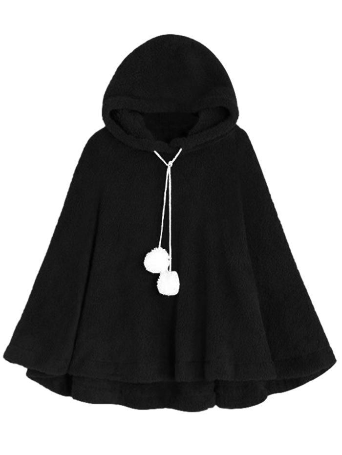 

Hooded Plush Fuzzy Ball Poncho, Black