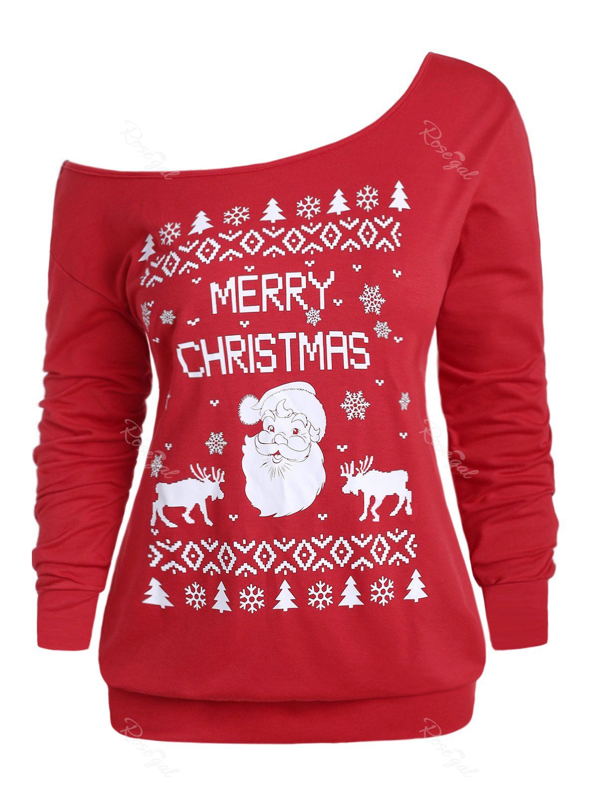 Sweat-shirt de Noël Graphique Imprimé de Grande Taille à Col Oblique Rouge 4X