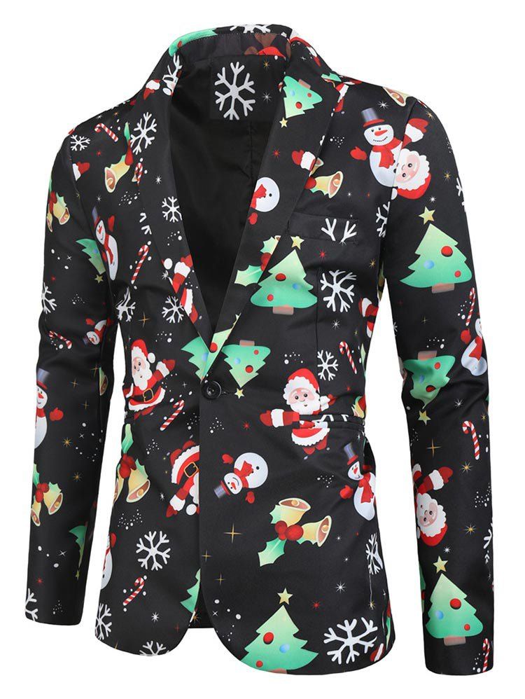 

Christmas Tree Santa Claus Pattern Button Blazer, Black