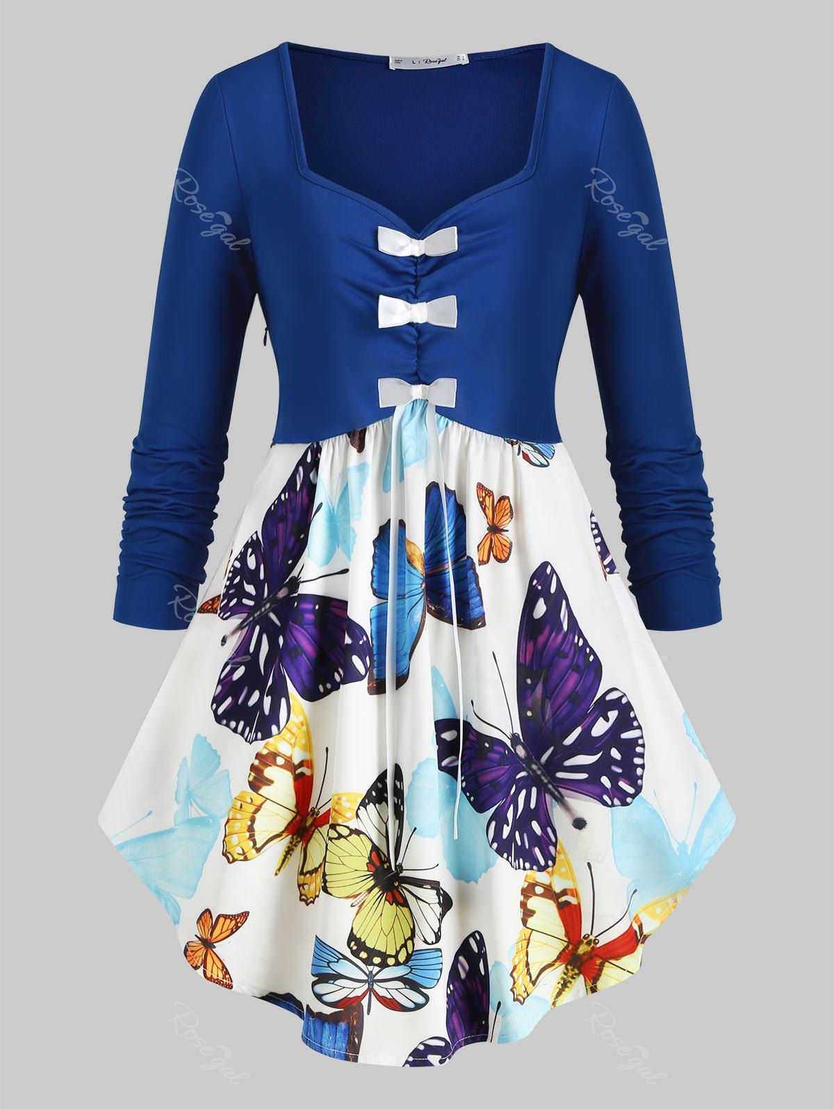 

Plus Size Butterfly Print Bowknot Peplum T Shirt, Blue
