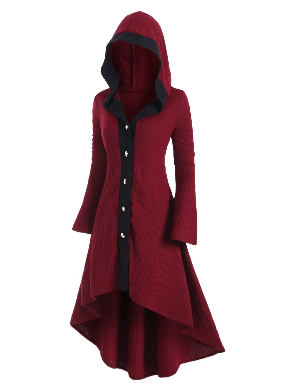 

Plus Size Hooded High Low Flare Sleeve Dovetail Long Cardigan, Red wine