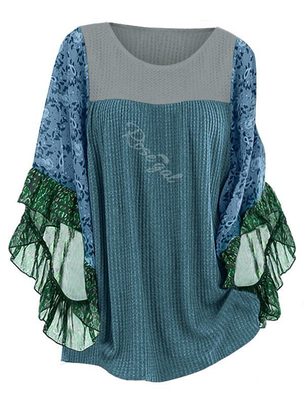 

Plus Size Floral Print Flare Sleeve Contrast Knitwear, Multi