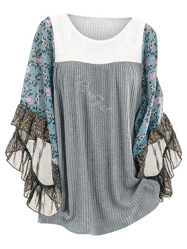 

Plus Size Floral Print Flare Sleeve Contrast Knitwear, Multi-a