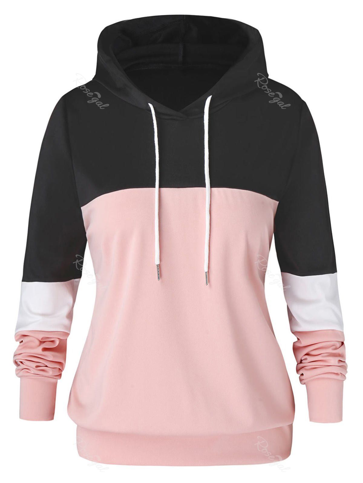 

Plus Size Color-blocking Drawstring Pullover Hoodie, Pink