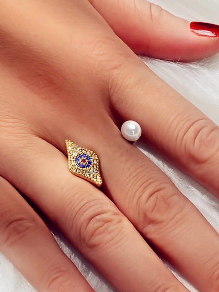

Eye Shape Faux Pearl Rhinestone Open Ring, Gold