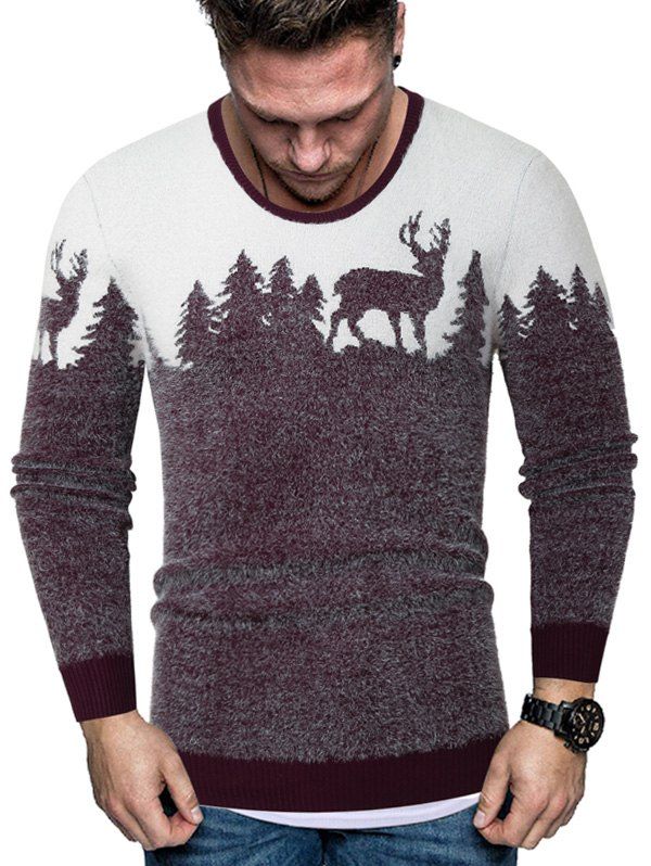

Christmas Elk Graphic Crew Neck Fuzzy Sweater, Red