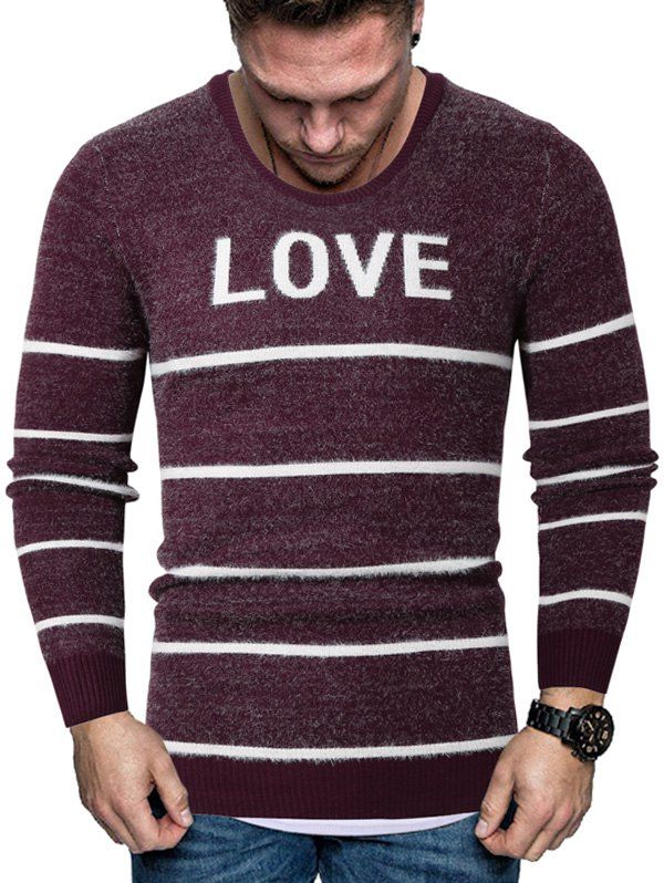 Latest Letter Striped Crew Neck Fuzzy Sweater  