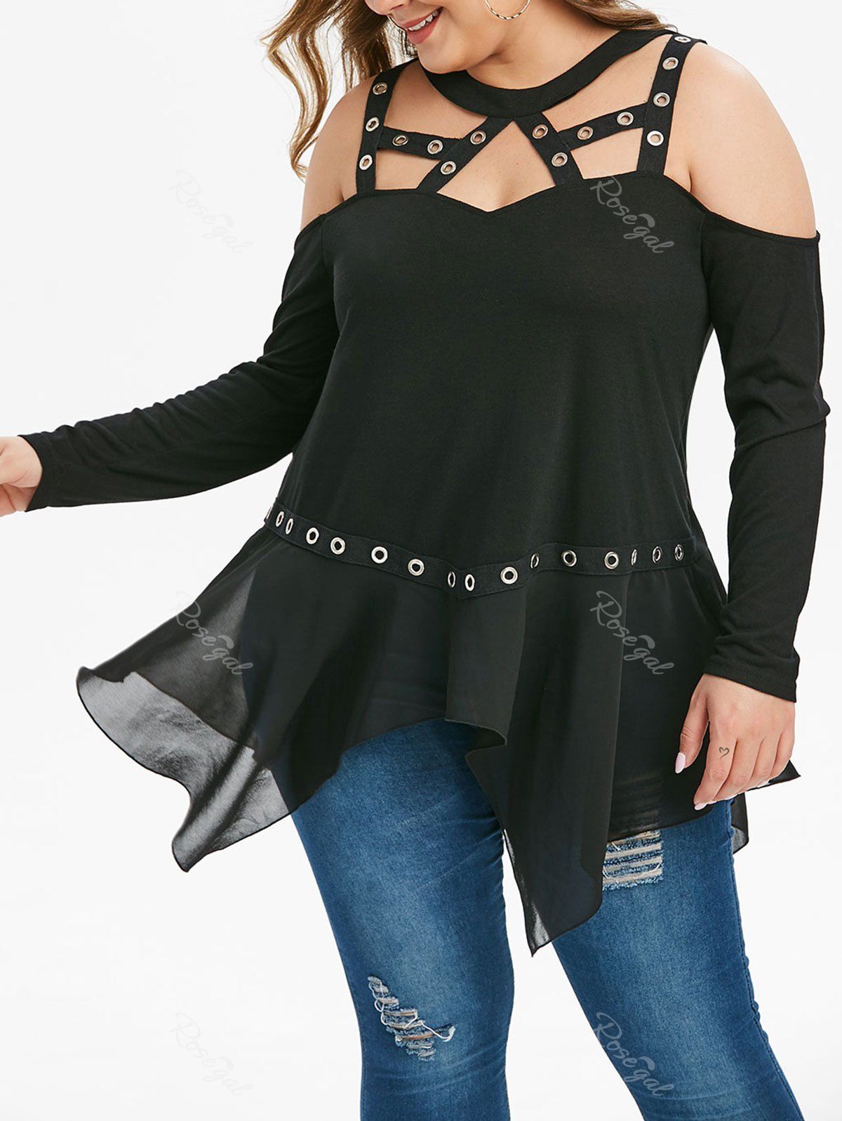 

Plus Size Cut Out Tunic Cold Shoulder T Shirt, Black