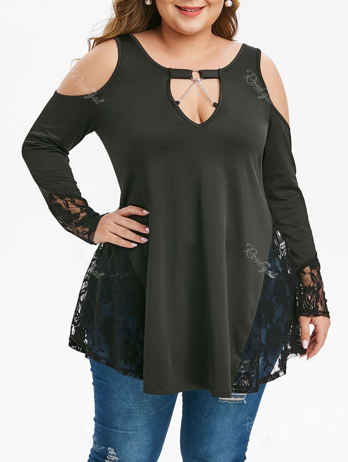 

Plus Size Solid Lace Panel Open Shoulder T Shirt, Black