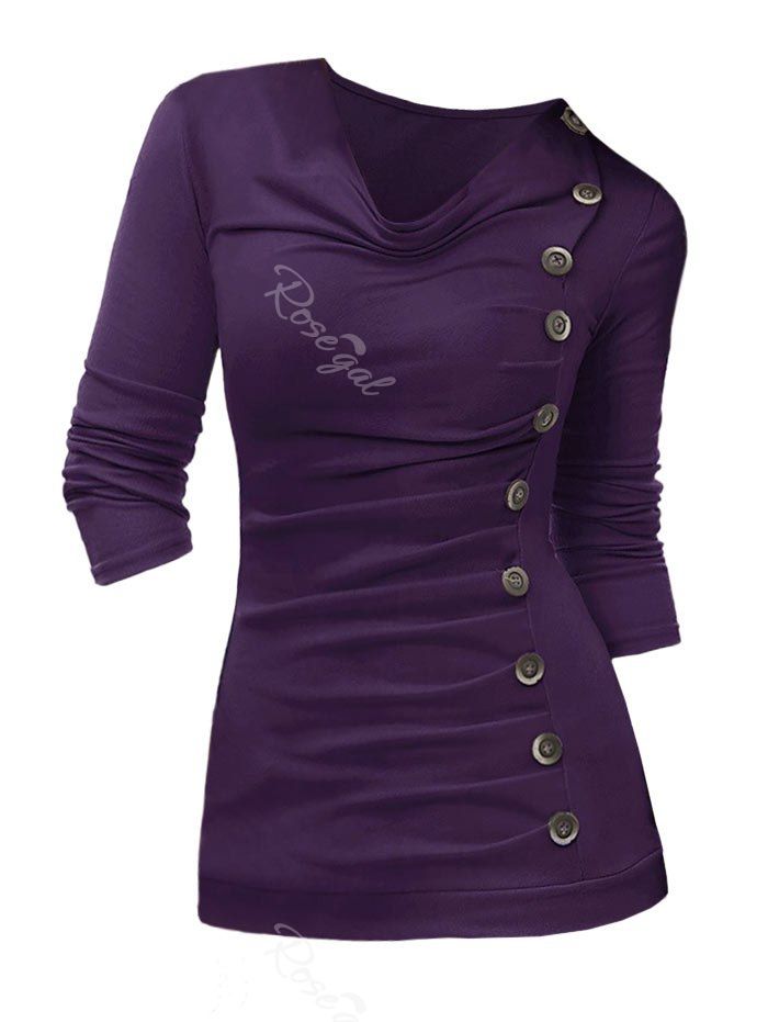 

Plus Size Cowl Neck Buttoned Ruched Top, Purple iris