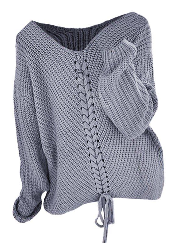 

Plus Size Lace Up V Neck Drop Shoulder Sweater, Gray